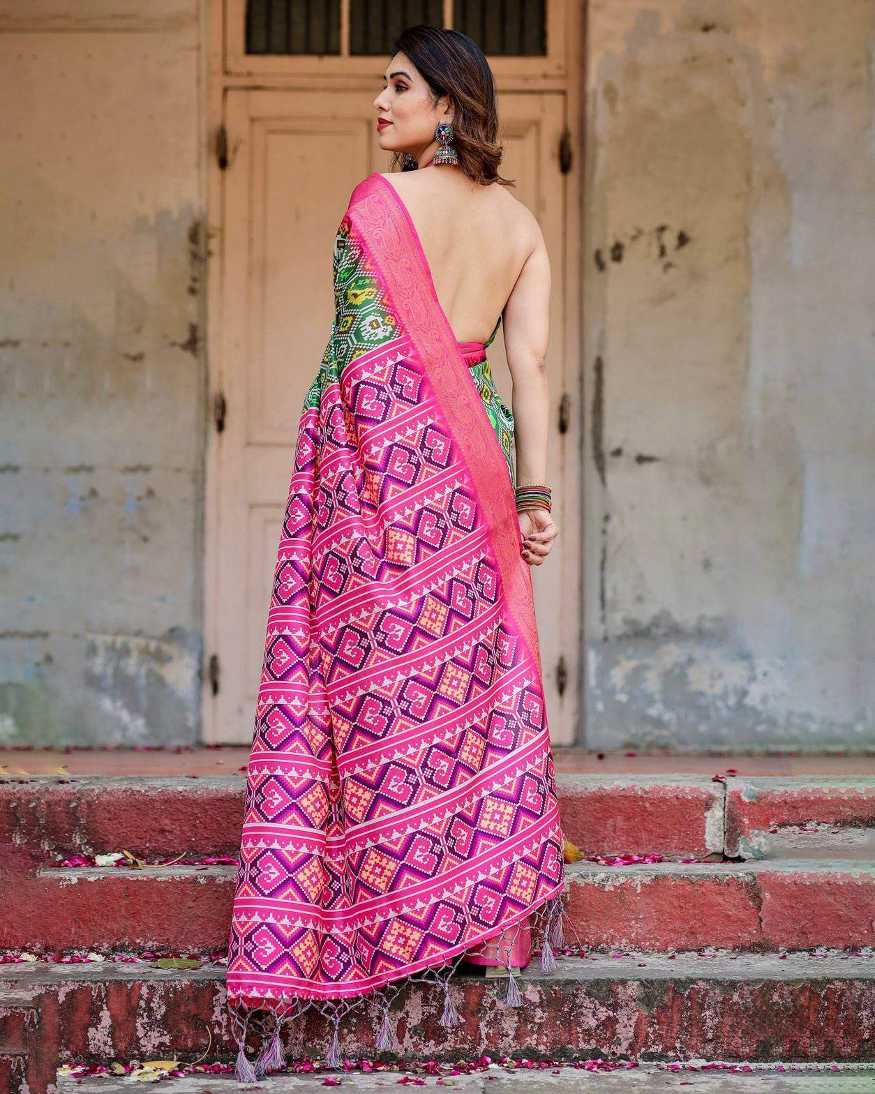 Green and Pink Tussar Silk Saree with Vibrant Ikat Patterns and Zari Border - SEEANS