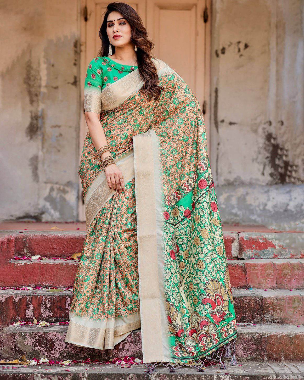 Emerald Green and Gold Tussar Silk Saree with Floral and Ornamental Motifs - SEEANS