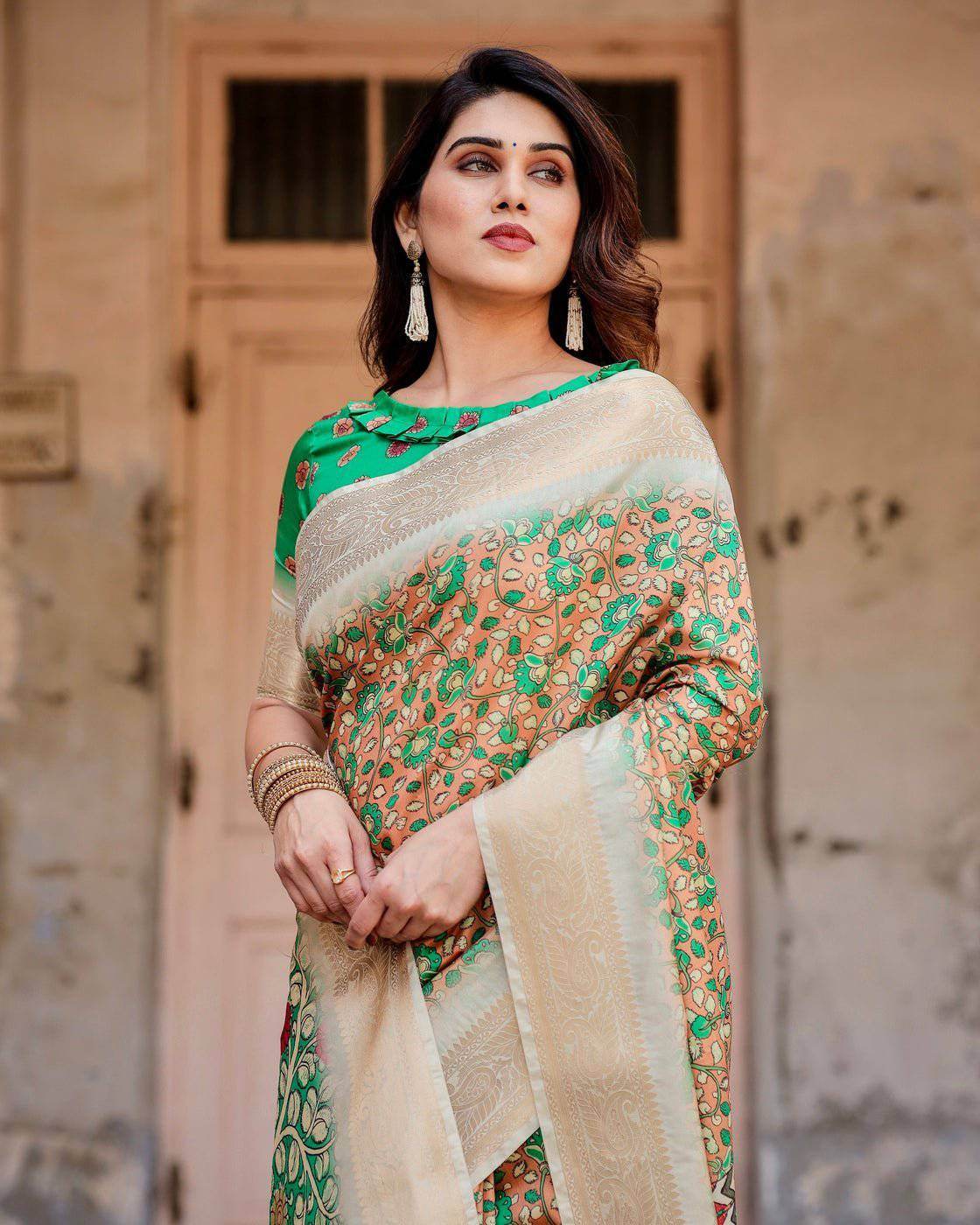 Emerald Green and Gold Tussar Silk Saree with Floral and Ornamental Motifs - SEEANS