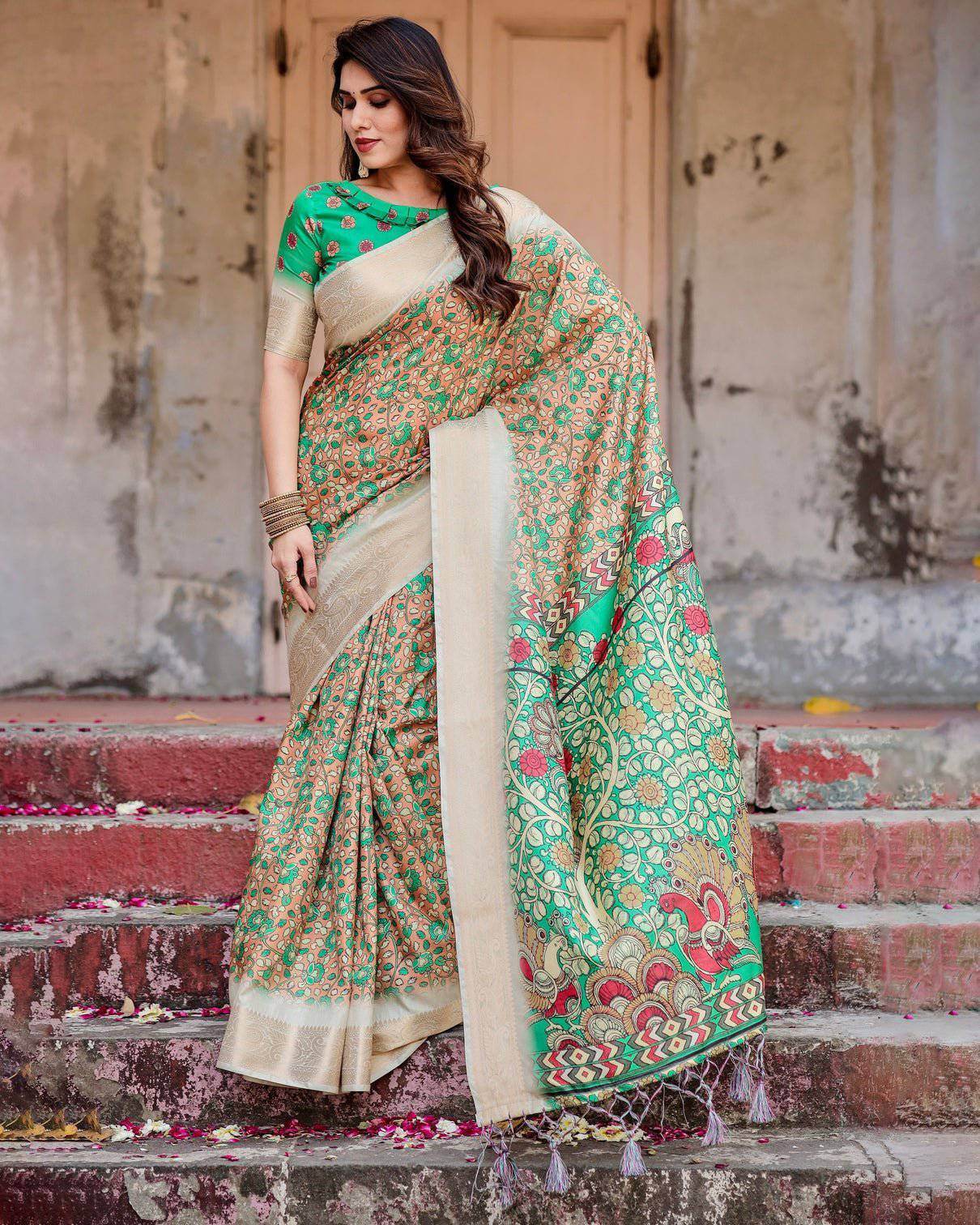 Emerald Green and Gold Tussar Silk Saree with Floral and Ornamental Motifs - SEEANS