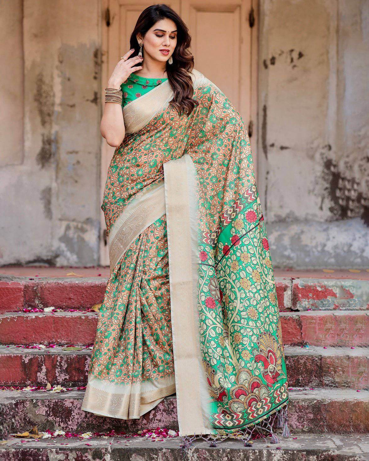 Emerald Green and Gold Tussar Silk Saree with Floral and Ornamental Motifs - SEEANS