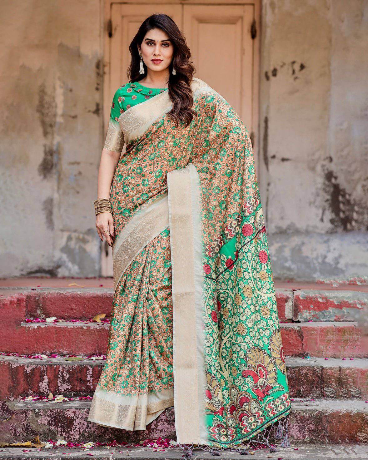 Emerald Green and Gold Tussar Silk Saree with Floral and Ornamental Motifs - SEEANS