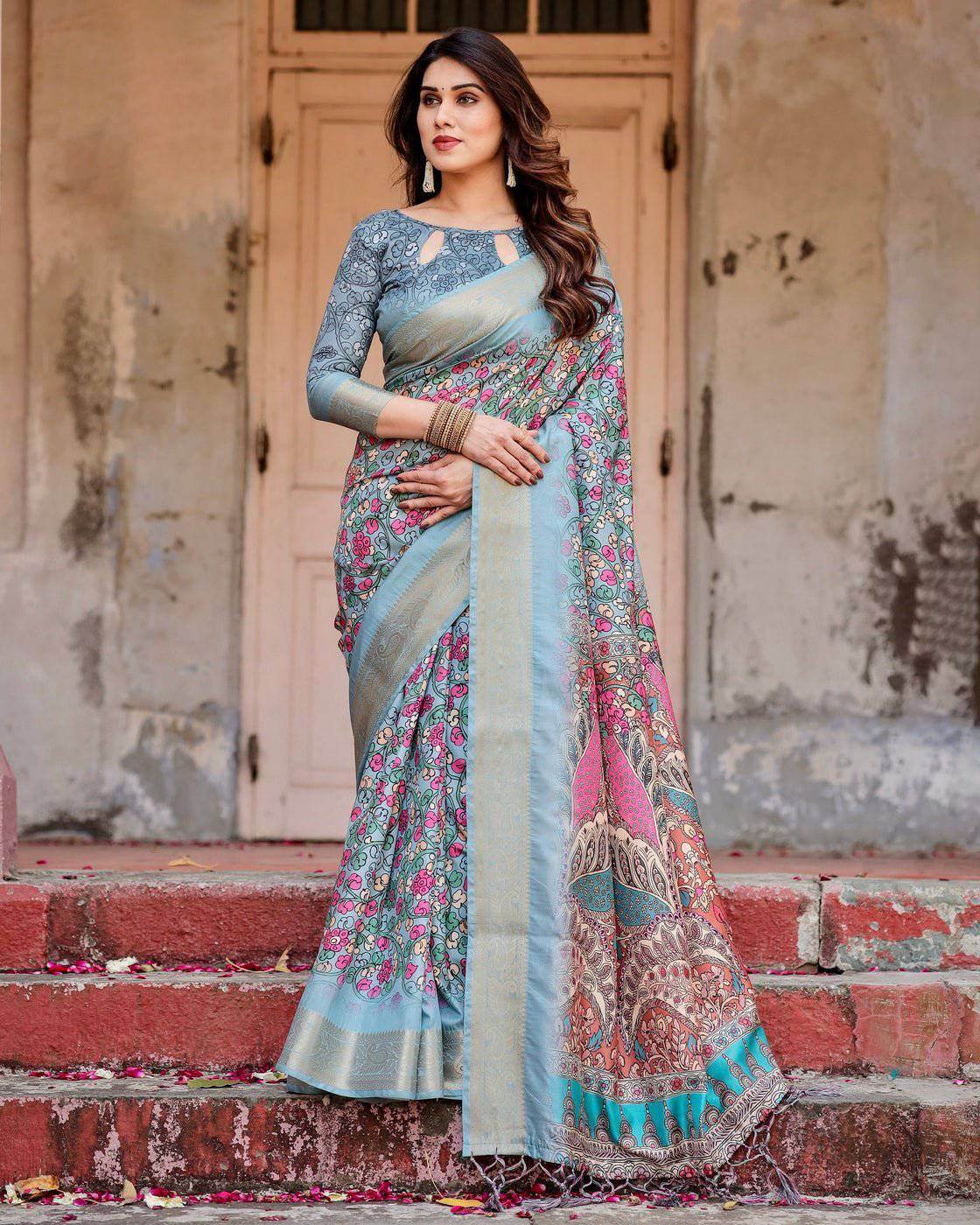 Sky Blue Tussar Silk Saree with Floral Weaves and Ornamental Pallu Design - SEEANS