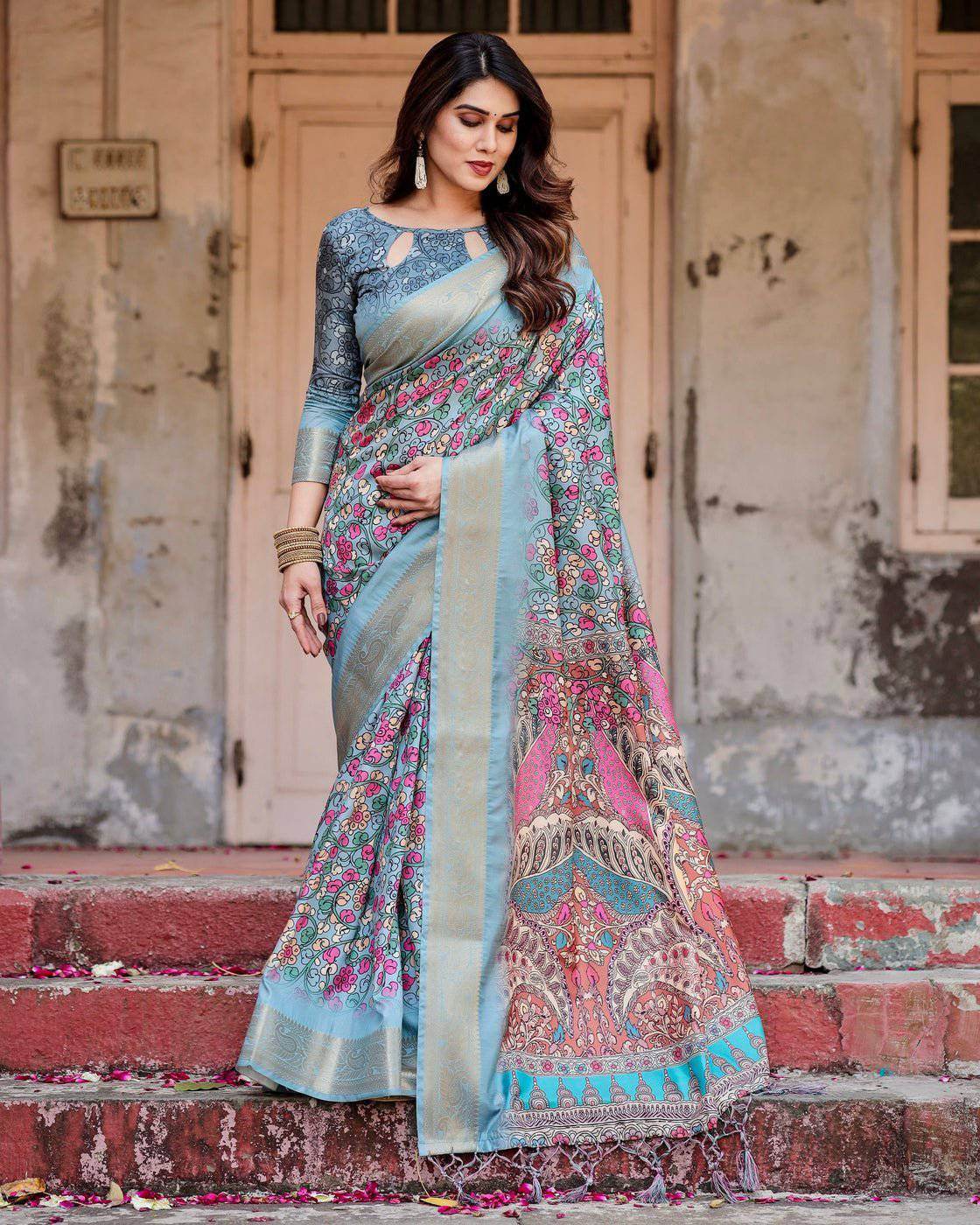 Sky Blue Tussar Silk Saree with Floral Weaves and Ornamental Pallu Design - SEEANS