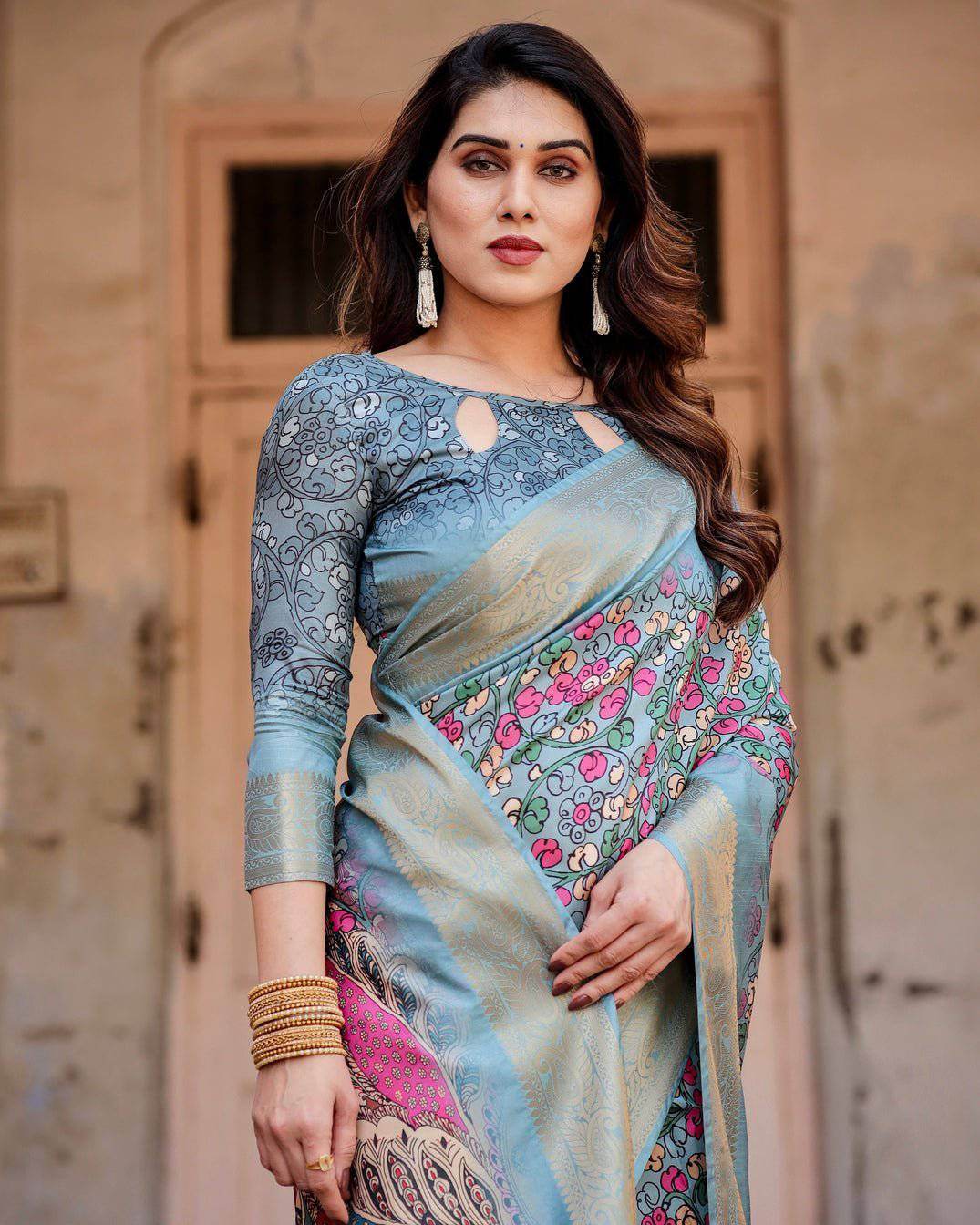 Sky Blue Tussar Silk Saree with Floral Weaves and Ornamental Pallu Design - SEEANS