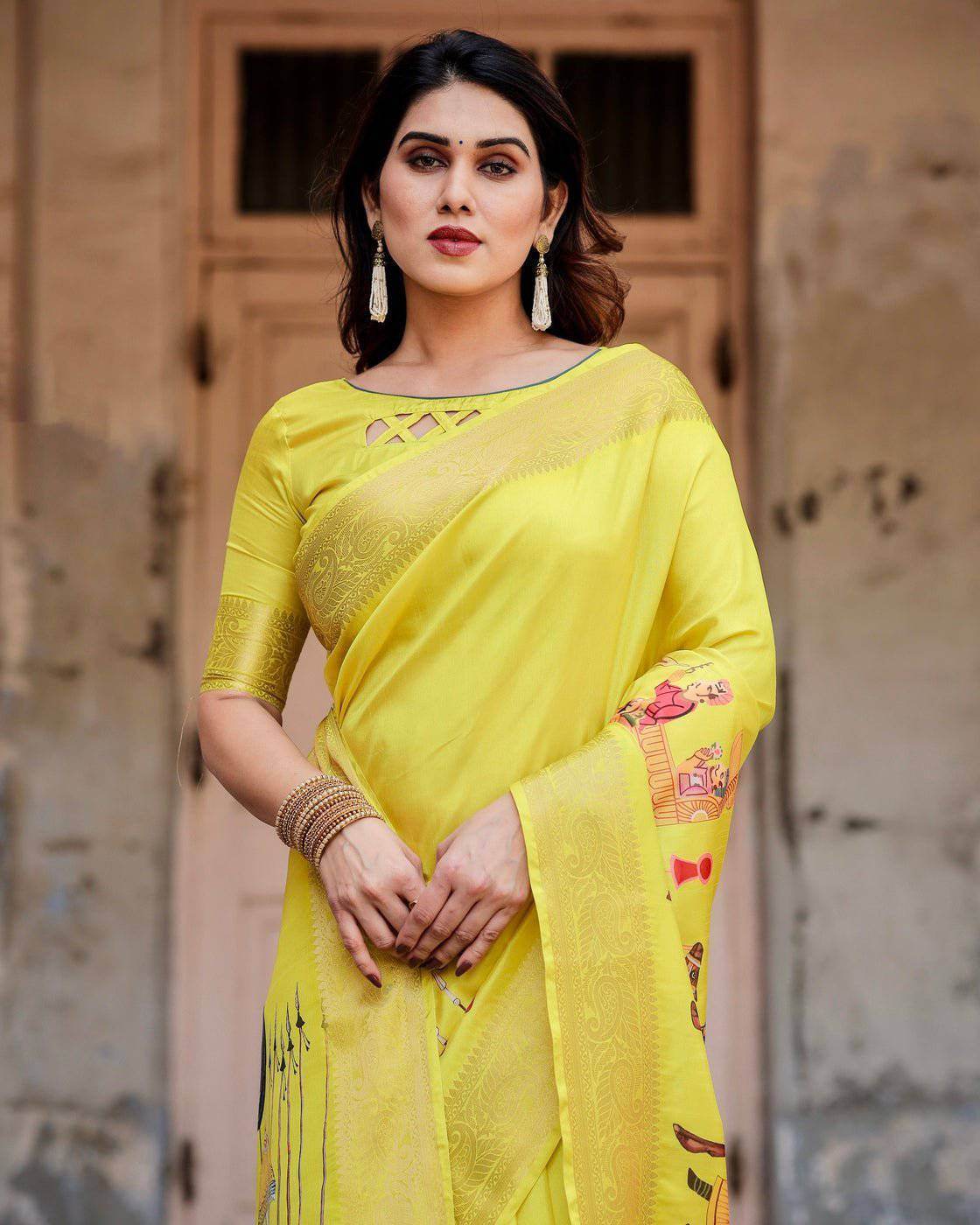 Vibrant Yellow Tussar Silk Saree with Royal Procession Pallu and Zari Accents - SEEANS