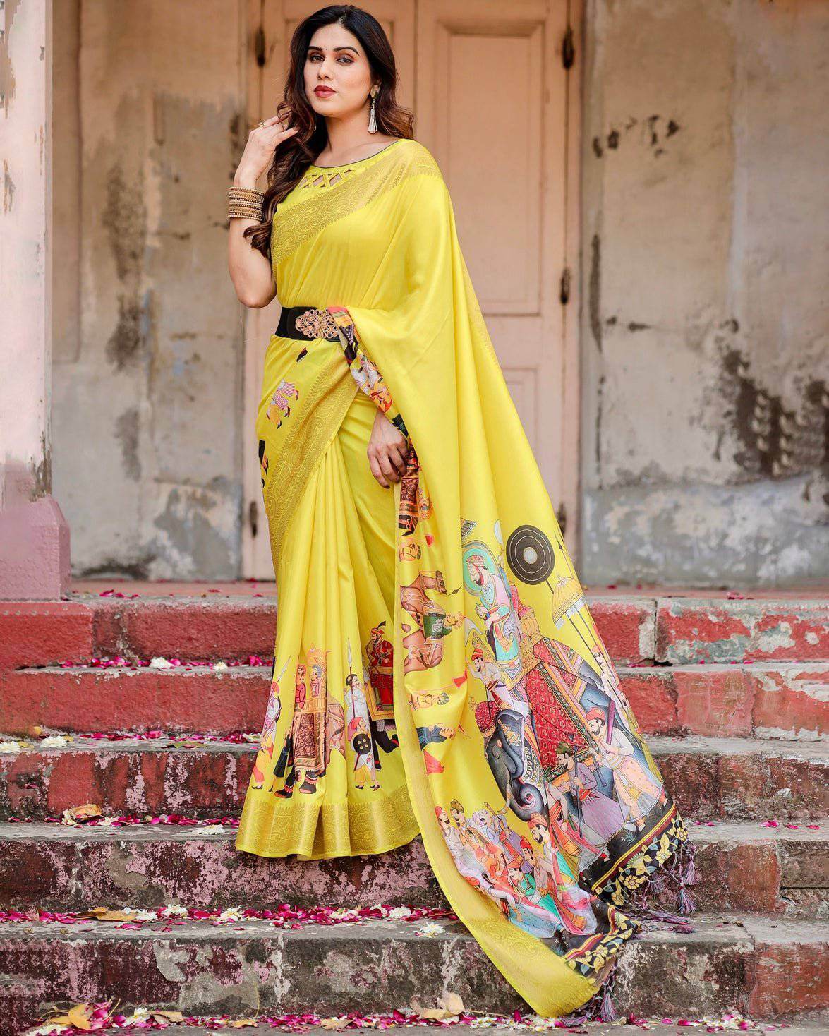 Vibrant Yellow Tussar Silk Saree with Royal Procession Pallu and Zari Accents - SEEANS