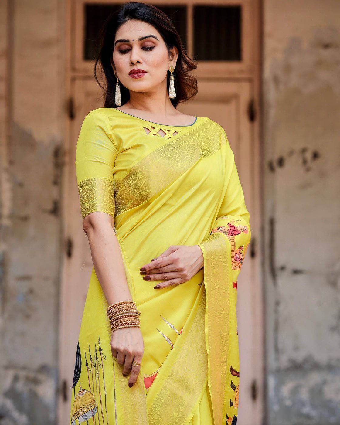 Vibrant Yellow Tussar Silk Saree with Royal Procession Pallu and Zari Accents - SEEANS