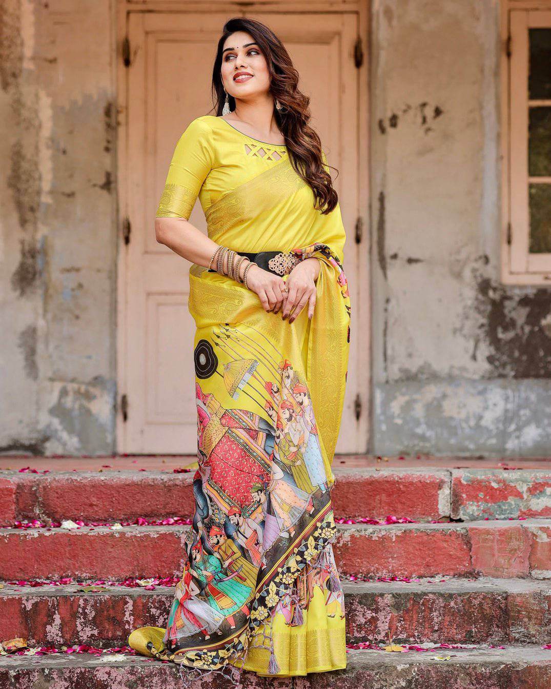 Vibrant Yellow Tussar Silk Saree with Royal Procession Pallu and Zari Accents - SEEANS