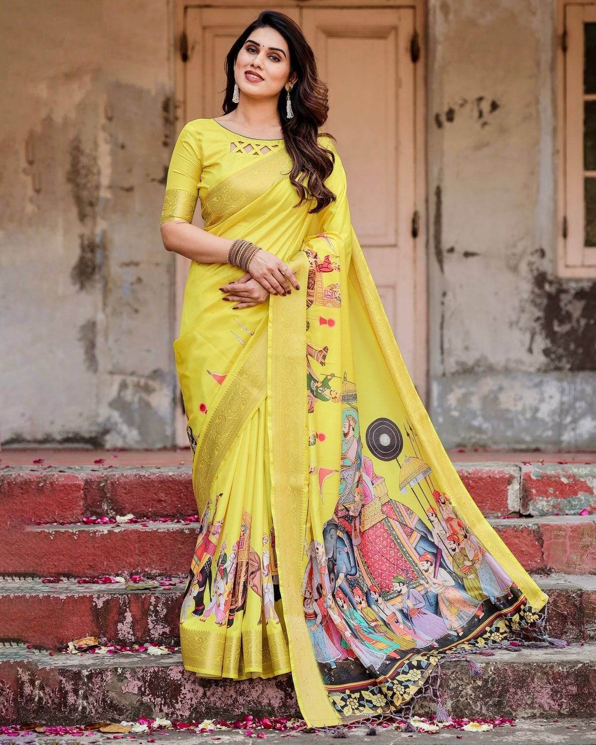 Vibrant Yellow Tussar Silk Saree with Royal Procession Pallu and Zari Accents - SEEANS