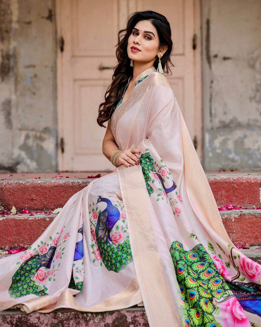 Soft Pastel Pink Tussar Silk Saree with Hand-Painted Peacock and Floral Motifs - SEEANS