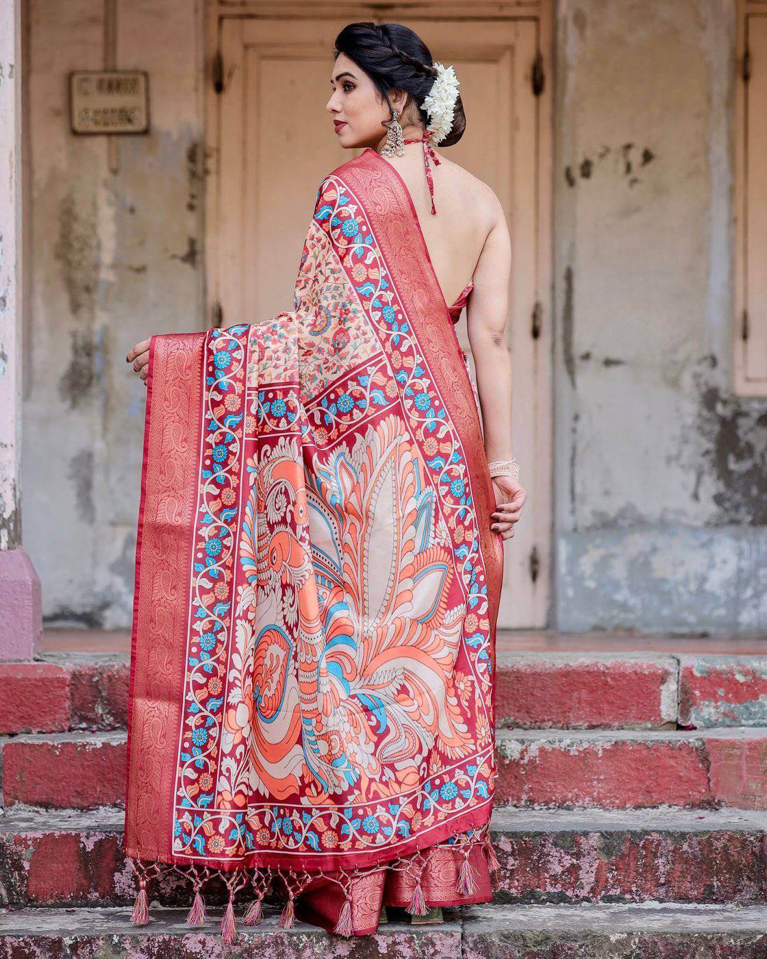 Beige and Coral Tussar Silk Saree with Intricate Floral Prints and Artistic Pallu - SEEANS