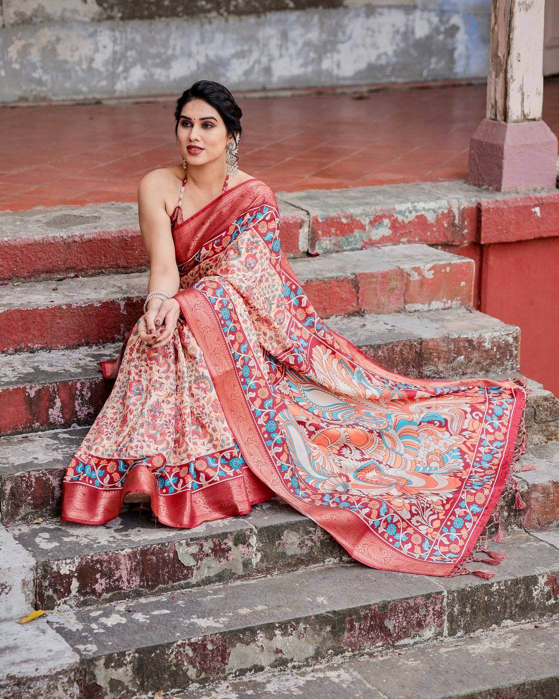 Beige and Coral Tussar Silk Saree with Intricate Floral Prints and Artistic Pallu - SEEANS