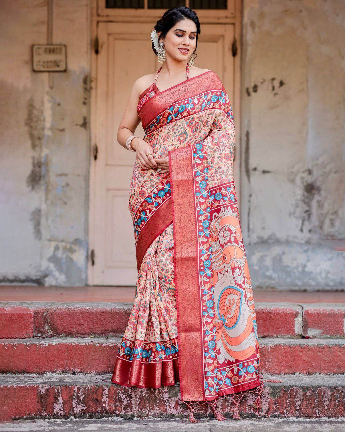 Beige and Coral Tussar Silk Saree with Intricate Floral Prints and Artistic Pallu - SEEANS