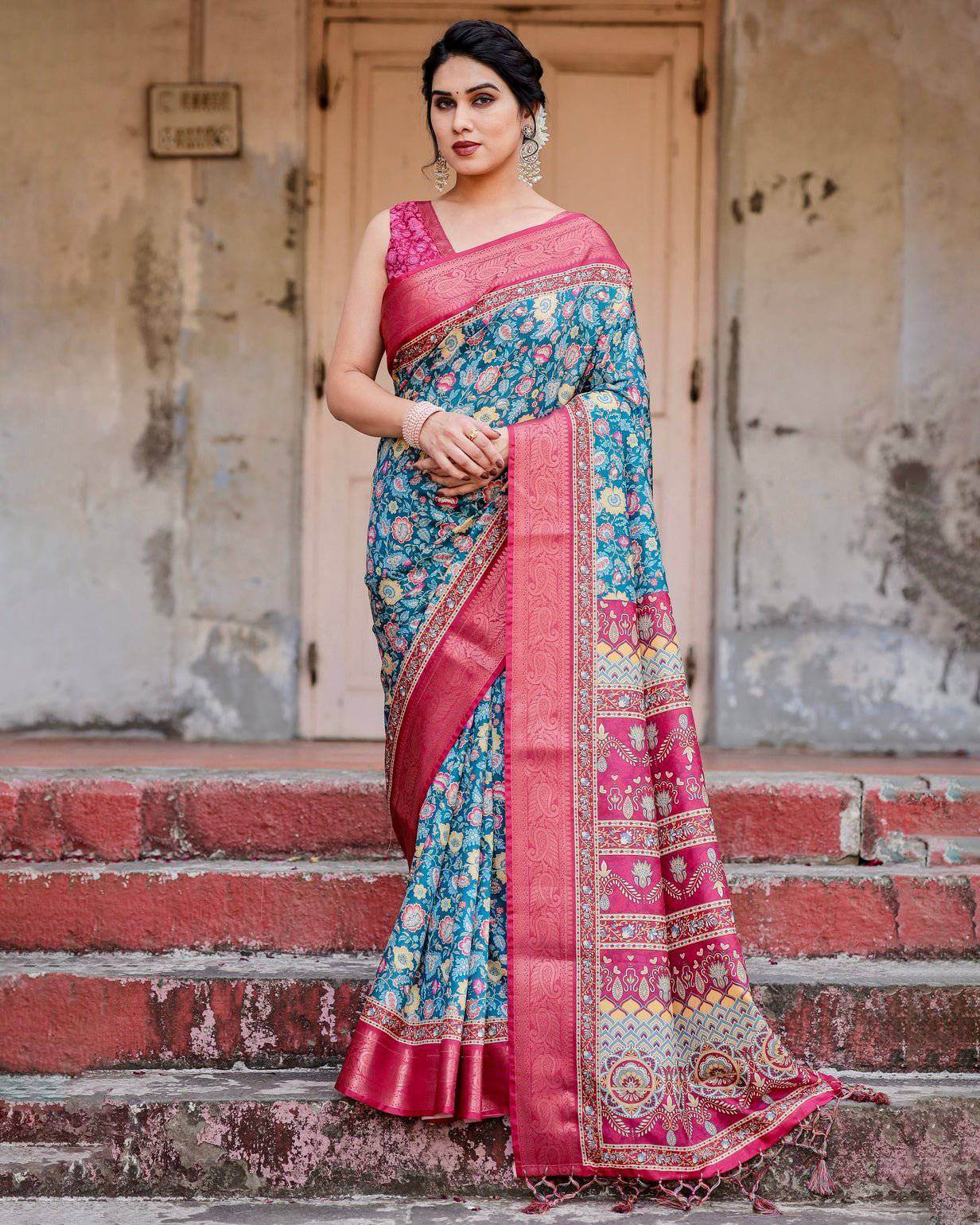 Teal Blue and Coral Tussar Silk Saree with Vibrant Floral Motifs and Ornamental Pallu - SEEANS