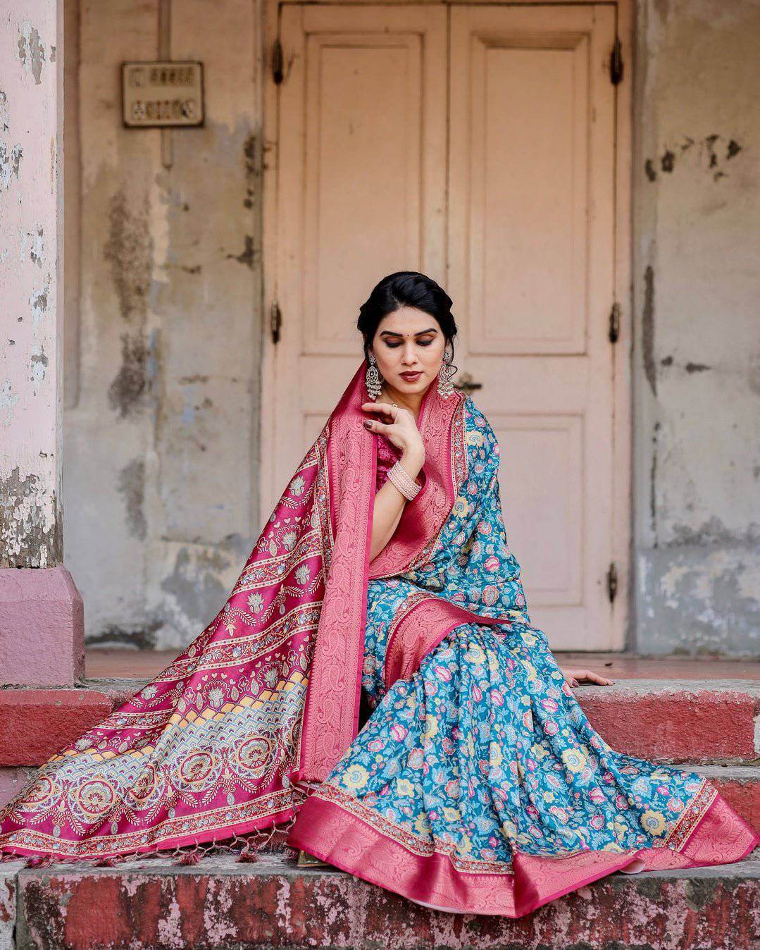 Teal Blue and Coral Tussar Silk Saree with Vibrant Floral Motifs and Ornamental Pallu - SEEANS