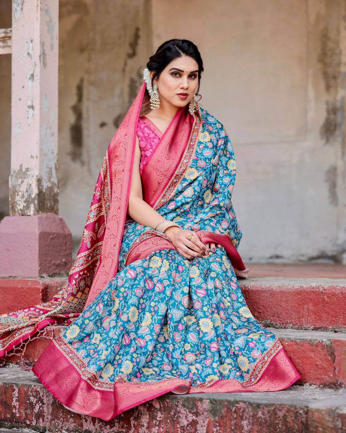 Teal Blue and Coral Tussar Silk Saree with Vibrant Floral Motifs and Ornamental Pallu - SEEANS