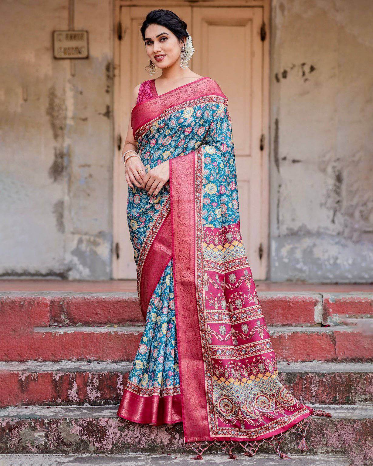 Teal Blue and Coral Tussar Silk Saree with Vibrant Floral Motifs and Ornamental Pallu - SEEANS