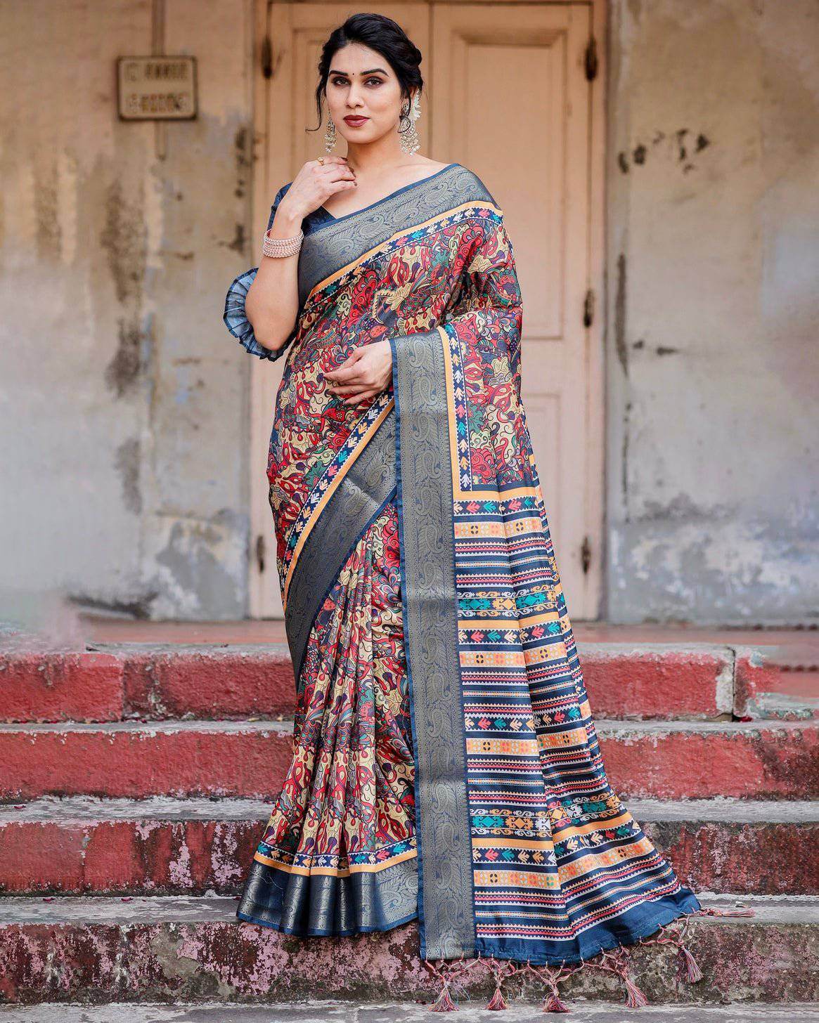 Multicolor Tussar Silk Saree with Vibrant Floral Weaves and Striped Pallu - SEEANS