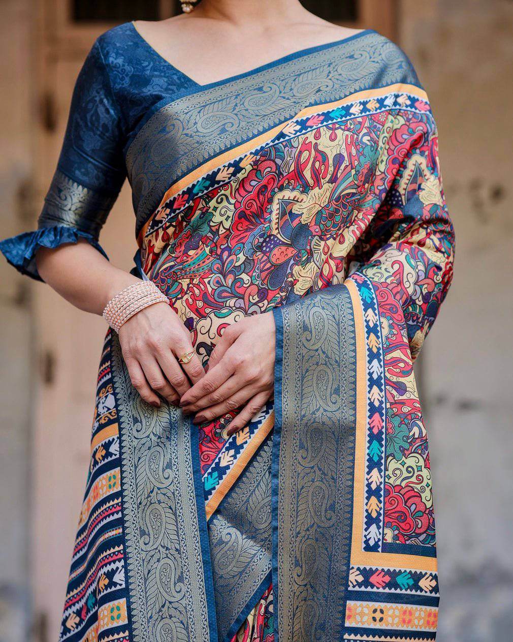 Multicolor Tussar Silk Saree with Vibrant Floral Weaves and Striped Pallu - SEEANS