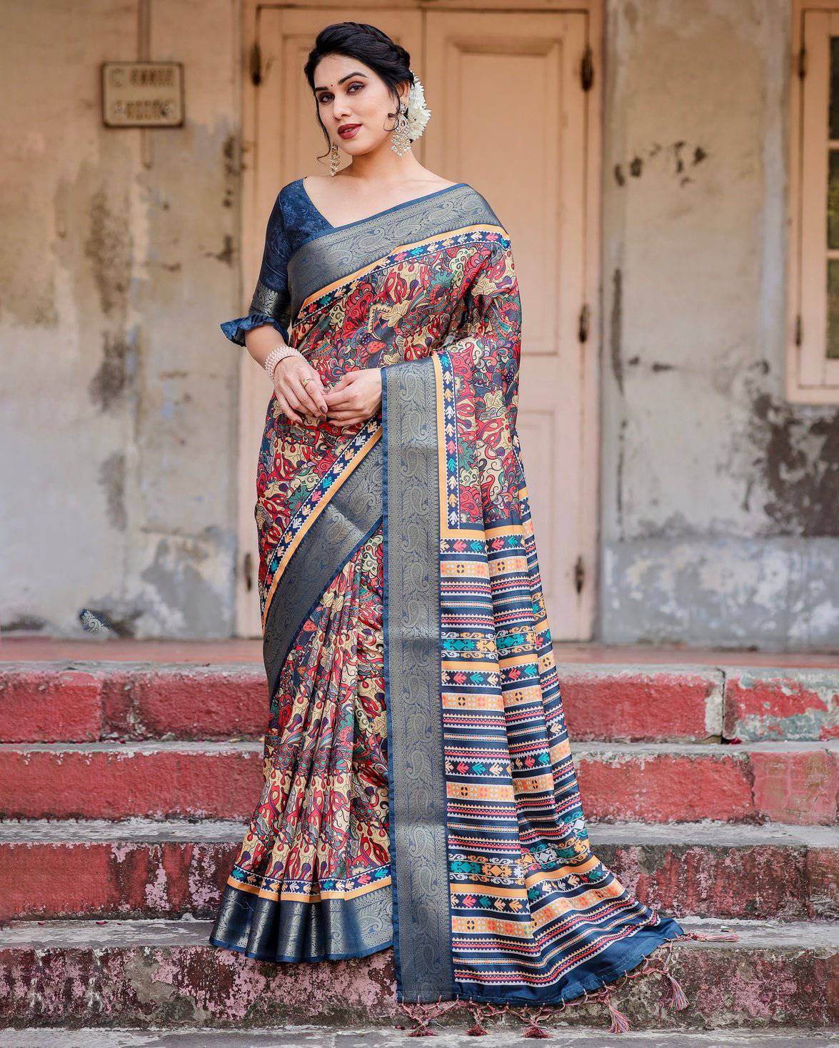 Multicolor Tussar Silk Saree with Vibrant Floral Weaves and Striped Pallu - SEEANS