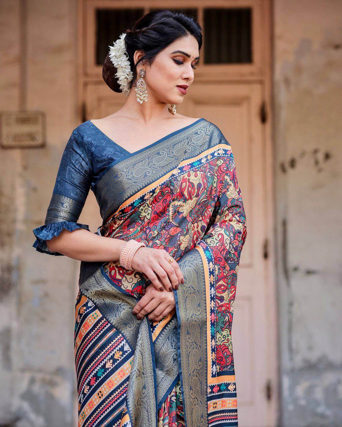 Multicolor Tussar Silk Saree with Vibrant Floral Weaves and Striped Pallu - SEEANS