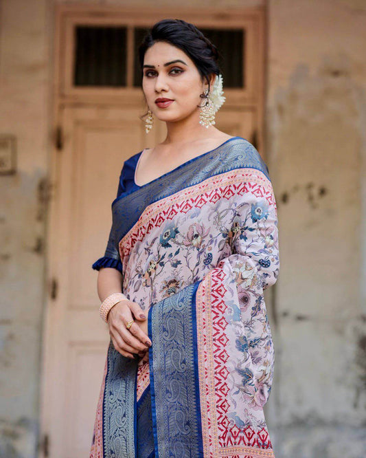 Ivory and Navy Blue Tussar Silk Saree with Floral Elegance and Ornamental Zari Work - SEEANS