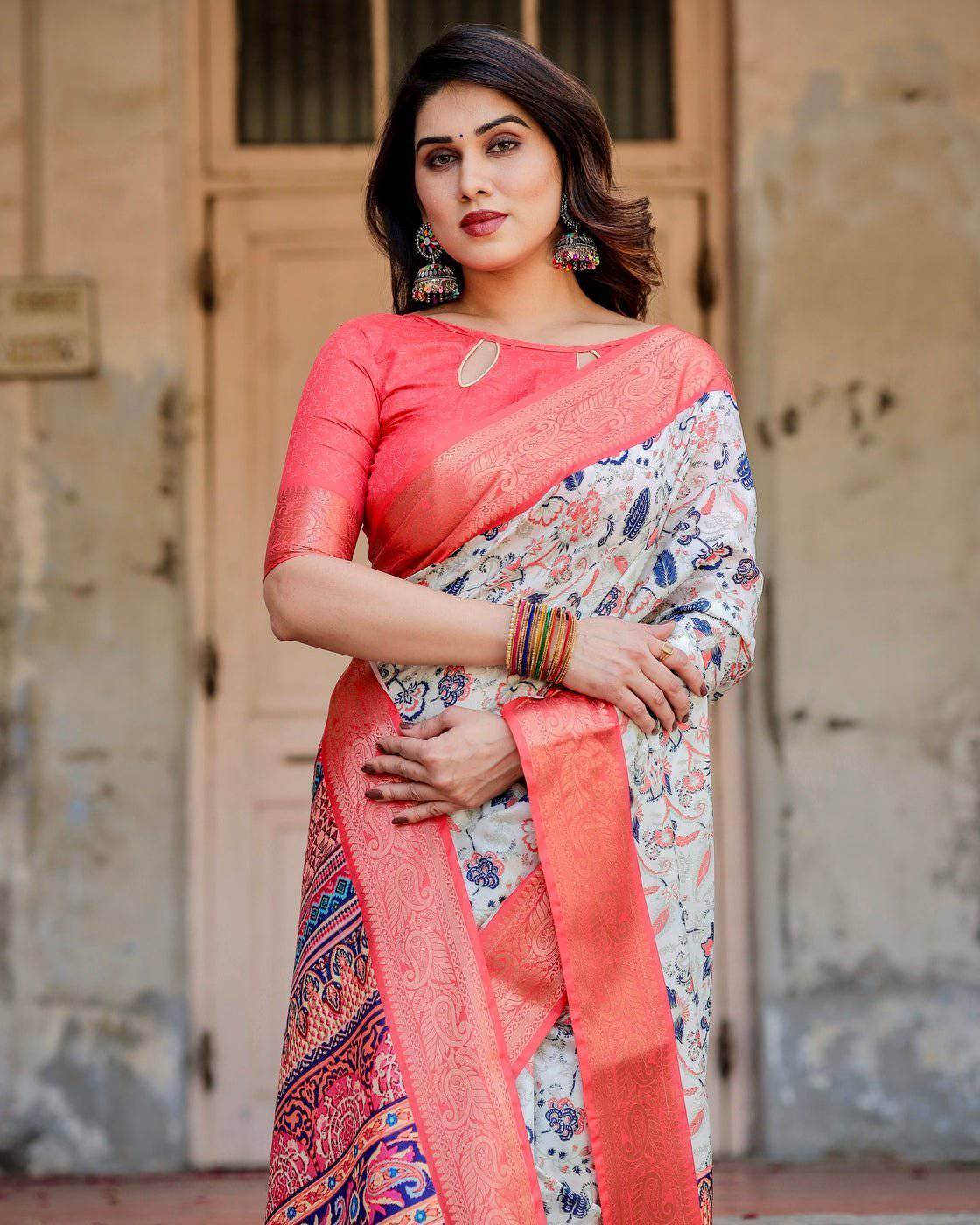 Ivory Tussar Silk Saree with Coral Zari Border and Intricate Floral Motifs - SEEANS