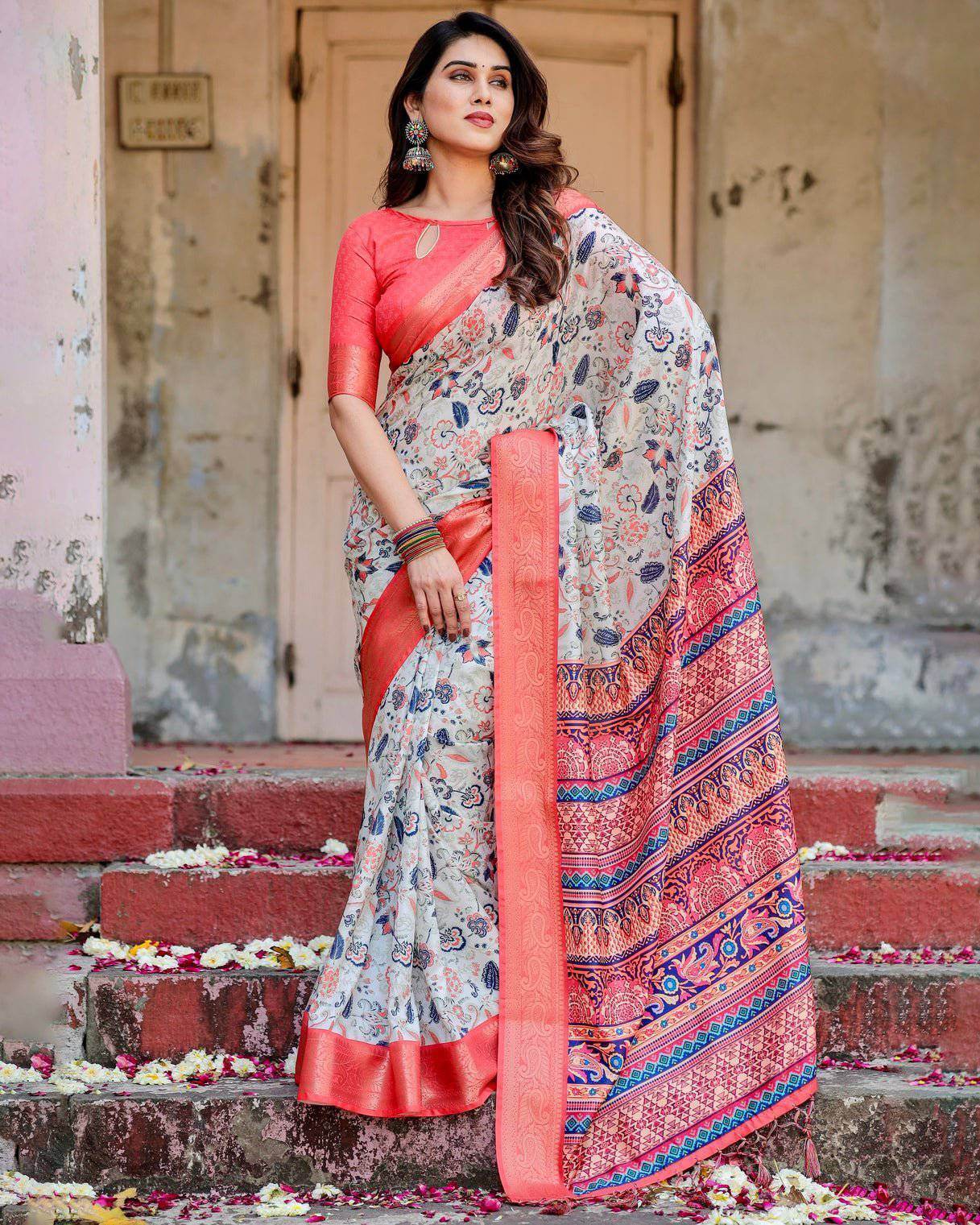 Ivory Tussar Silk Saree with Coral Zari Border and Intricate Floral Motifs - SEEANS