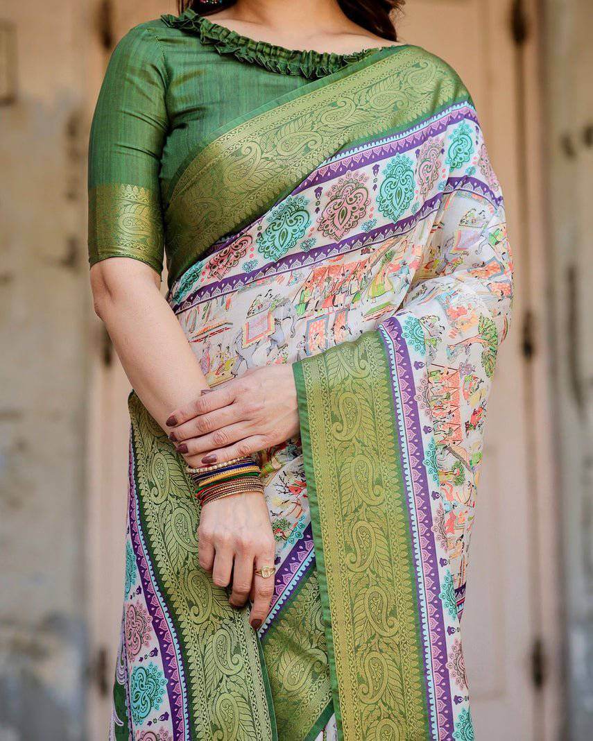 Ivory and Green Tussar Silk Saree with Elephant Motifs and Intricate Zari Border - SEEANS