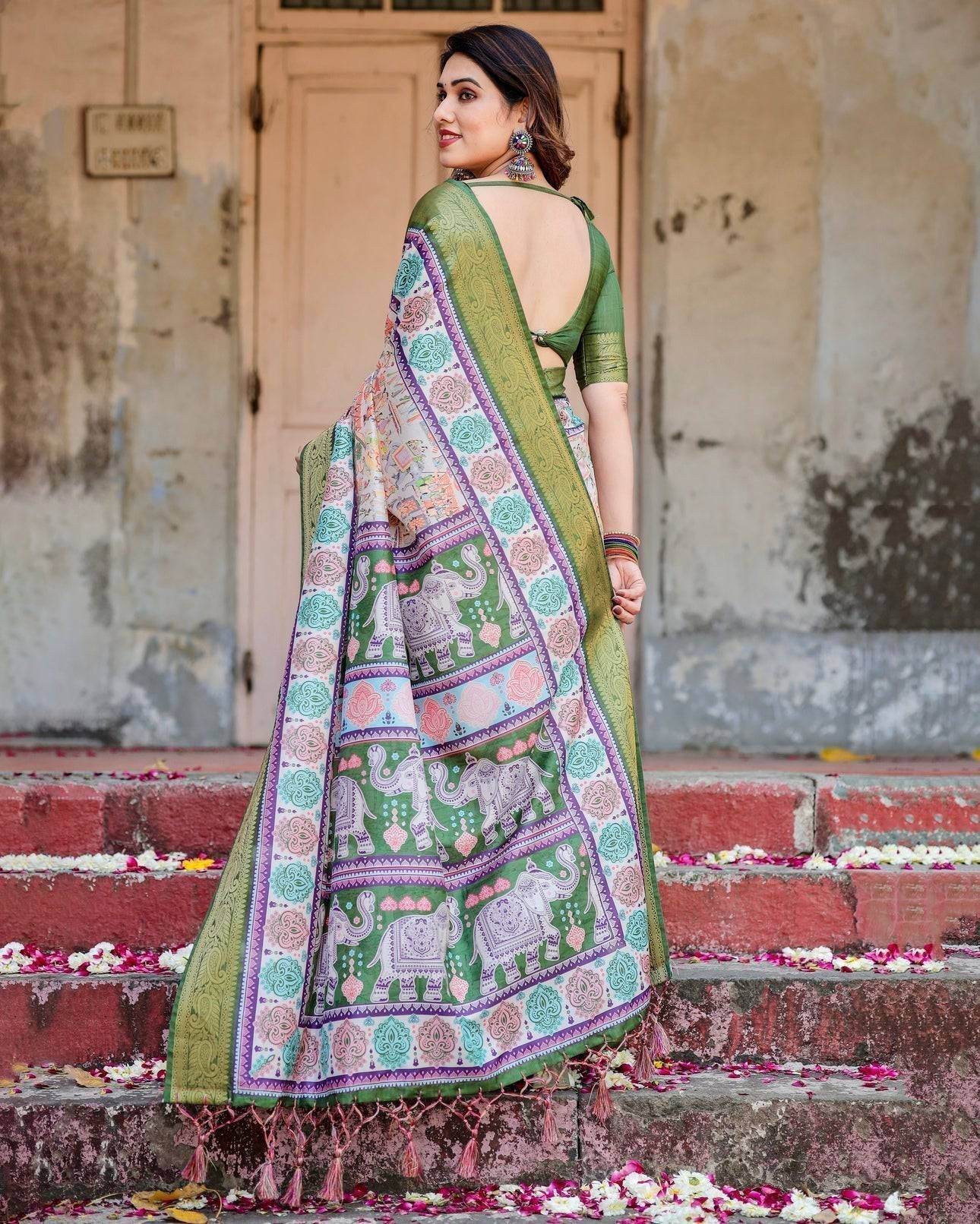 Ivory and Green Tussar Silk Saree with Elephant Motifs and Intricate Zari Border - SEEANS