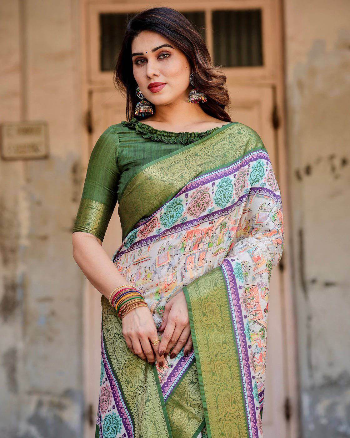 Ivory and Green Tussar Silk Saree with Elephant Motifs and Intricate Zari Border - SEEANS