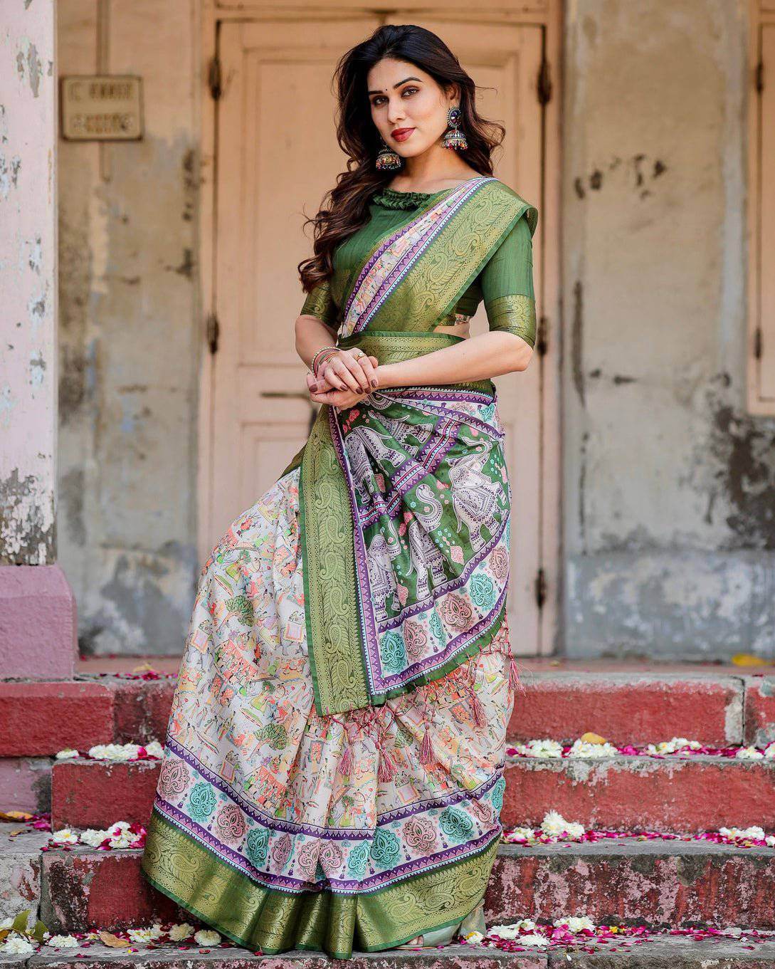 Ivory and Green Tussar Silk Saree with Elephant Motifs and Intricate Zari Border - SEEANS