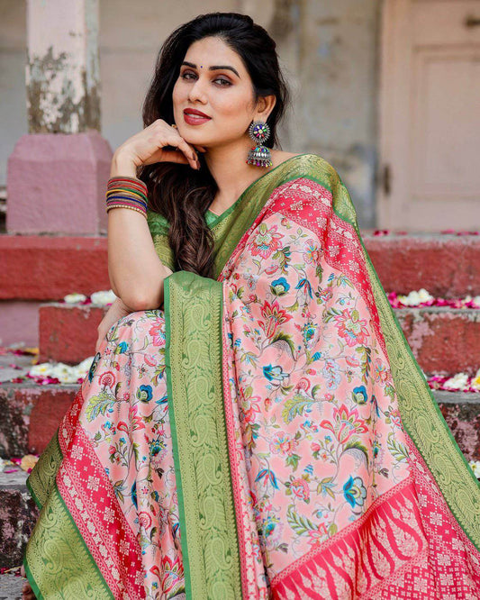 Blush Pink and Green Tussar Silk Saree with Floral Prints and Intricate Zari Work - SEEANS