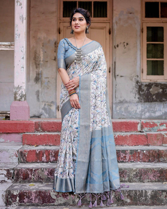 Elegant Light Blue Banarasi Silk Saree with Floral Design and Zari Weaved Pallu - SEEANS