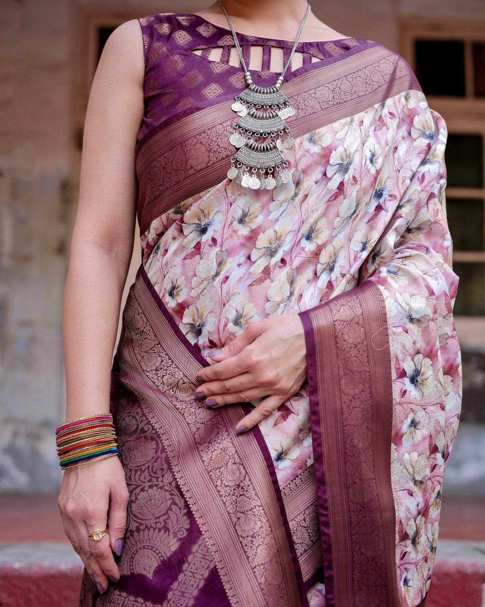 Elegant Wine Floral Banarasi Silk Saree with Zari Weave and Tassels - SEEANS