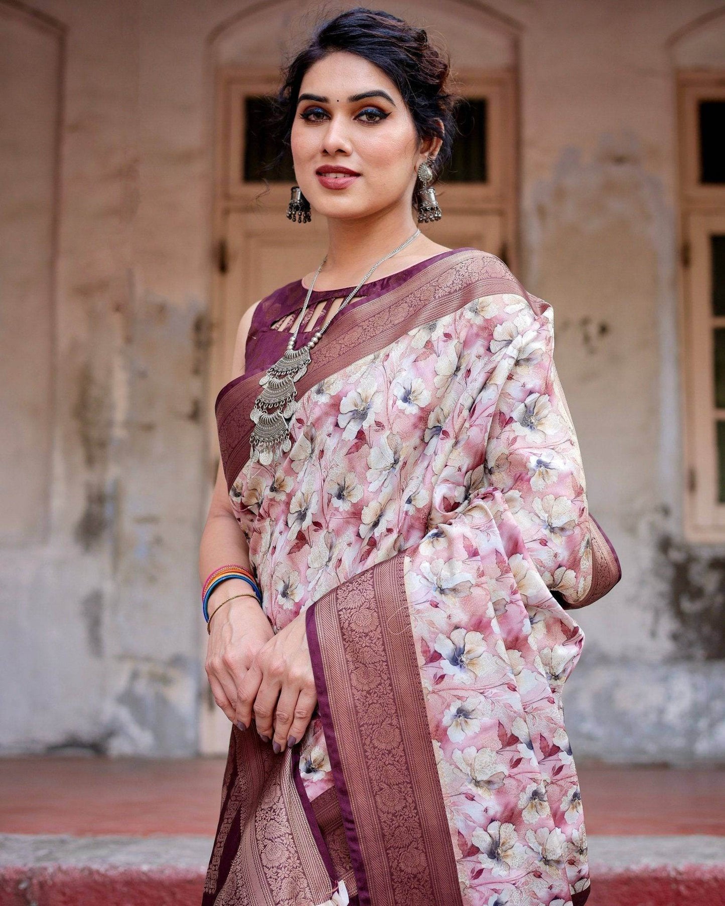 Elegant Wine Floral Banarasi Silk Saree with Zari Weave and Tassels - SEEANS