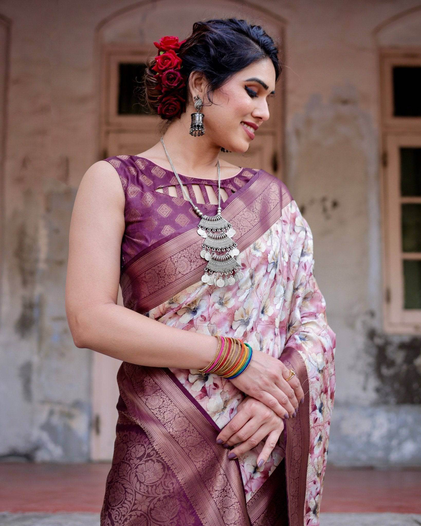 Elegant Wine Floral Banarasi Silk Saree with Zari Weave and Tassels - SEEANS