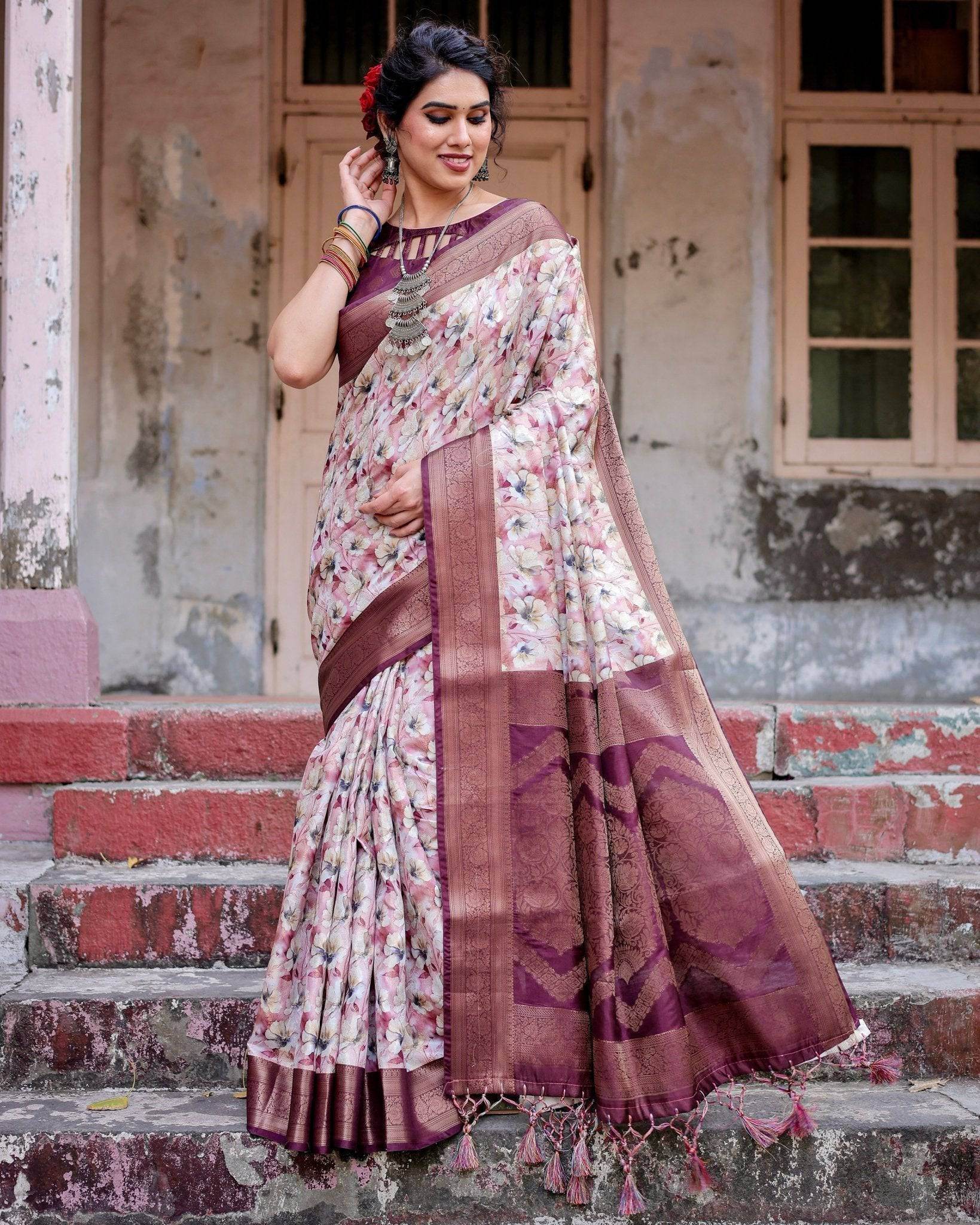 Elegant Wine Floral Banarasi Silk Saree with Zari Weave and Tassels - SEEANS