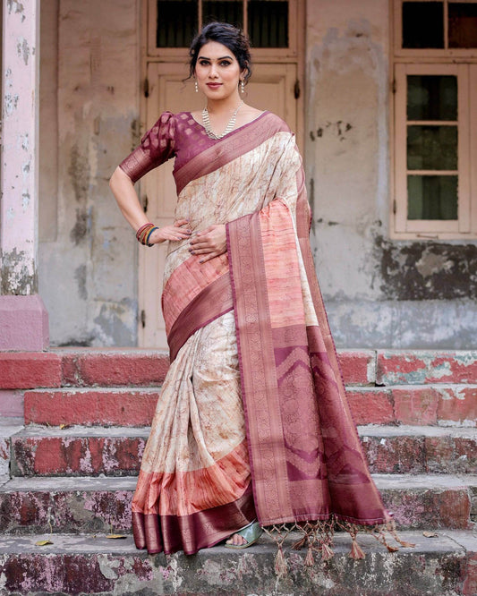 Marble-Print Banarasi Silk Saree in Deep Maroon with Zari Weaving and Tassels - SEEANS