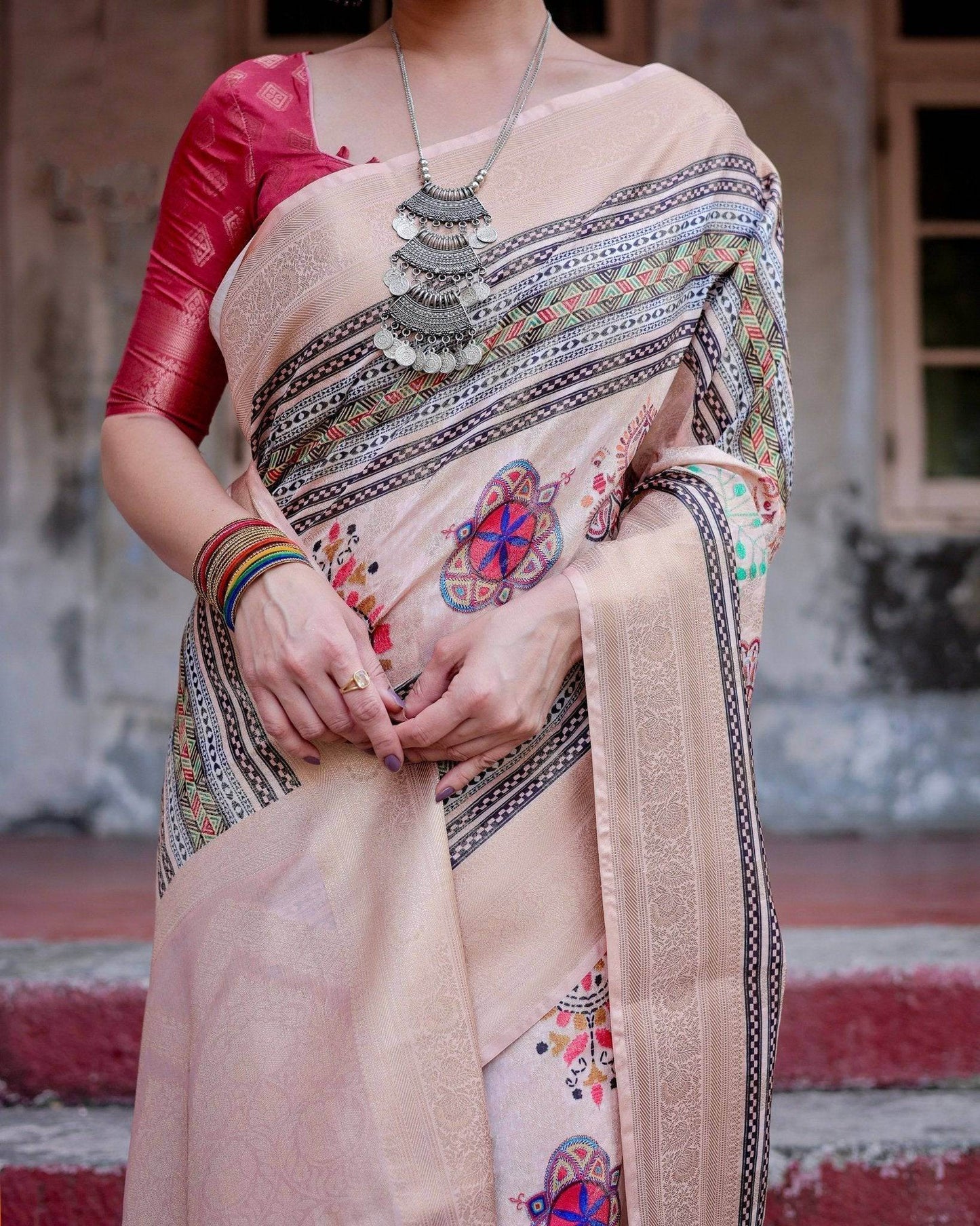 Elegant Peach Banarasi Silk Saree with Multicolor Embroidery and Tassels - SEEANS