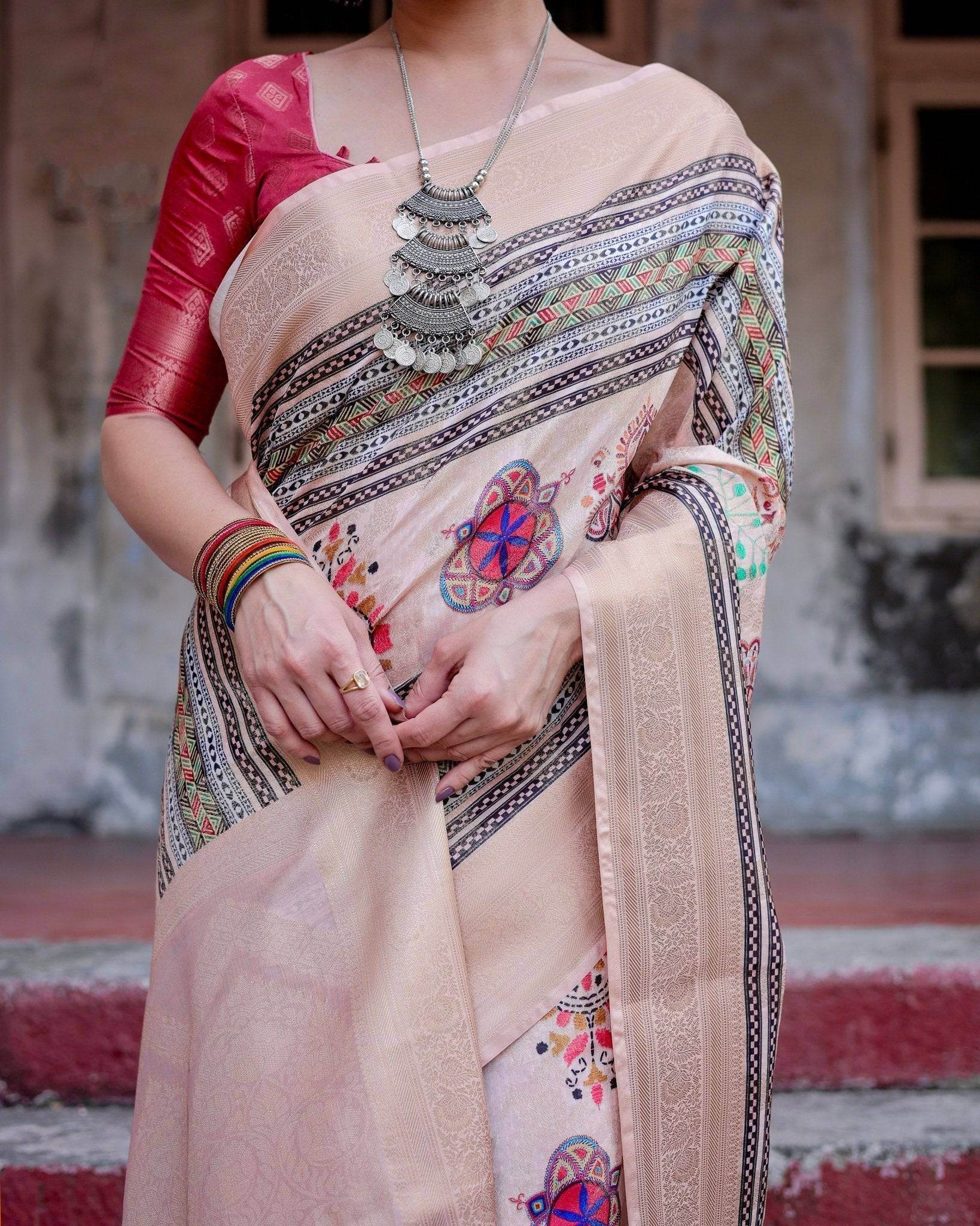 Elegant Peach Banarasi Silk Saree with Multicolor Embroidery and Tassels - SEEANS