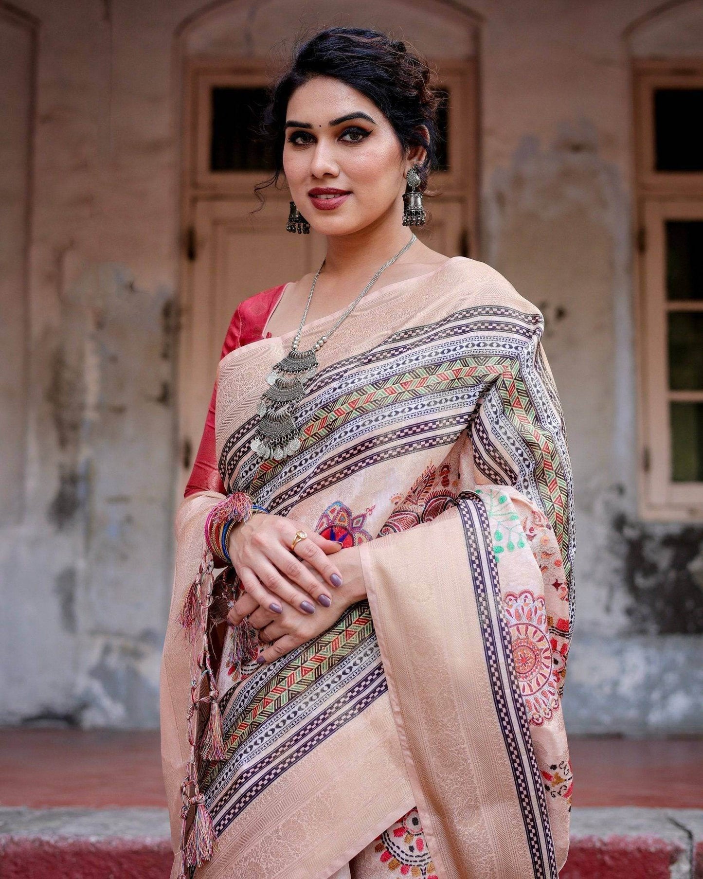 Elegant Peach Banarasi Silk Saree with Multicolor Embroidery and Tassels - SEEANS