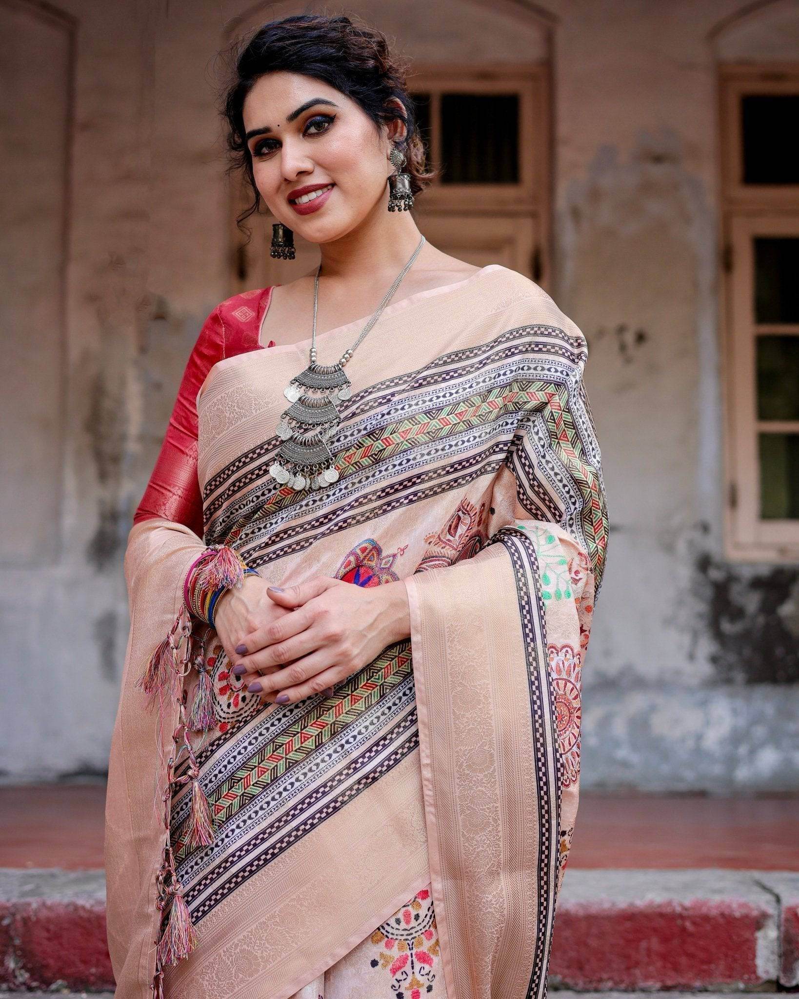 Elegant Peach Banarasi Silk Saree with Multicolor Embroidery and Tassels - SEEANS