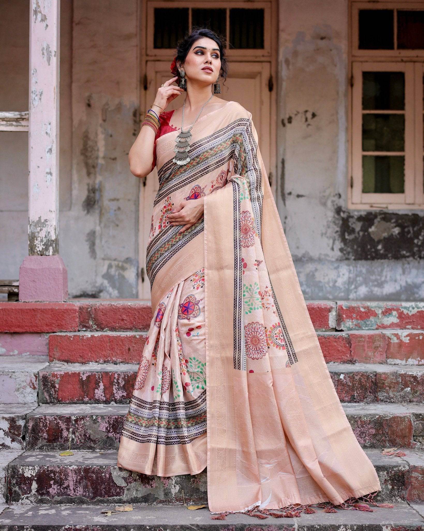 Elegant Peach Banarasi Silk Saree with Multicolor Embroidery and Tassels - SEEANS