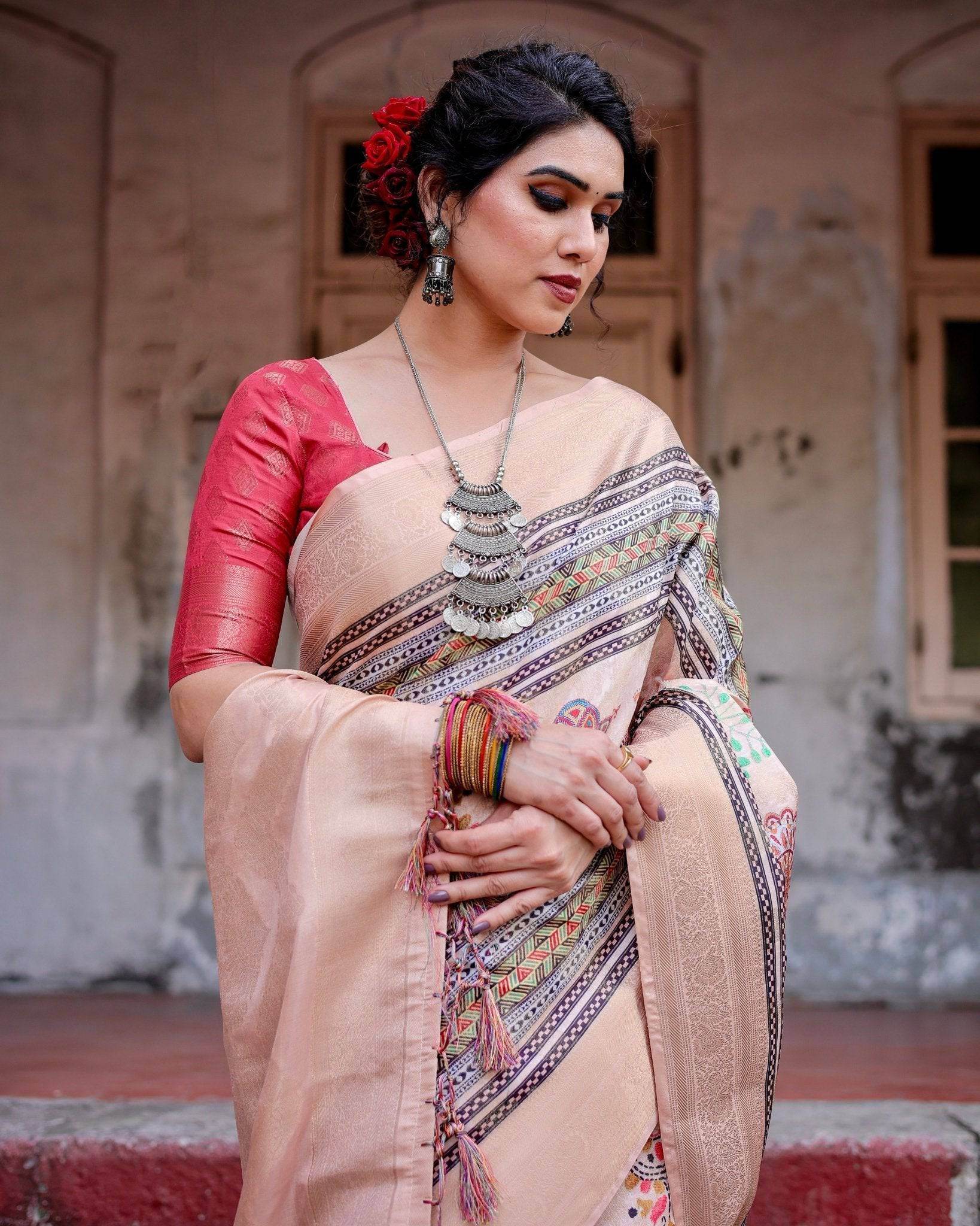 Elegant Peach Banarasi Silk Saree with Multicolor Embroidery and Tassels - SEEANS