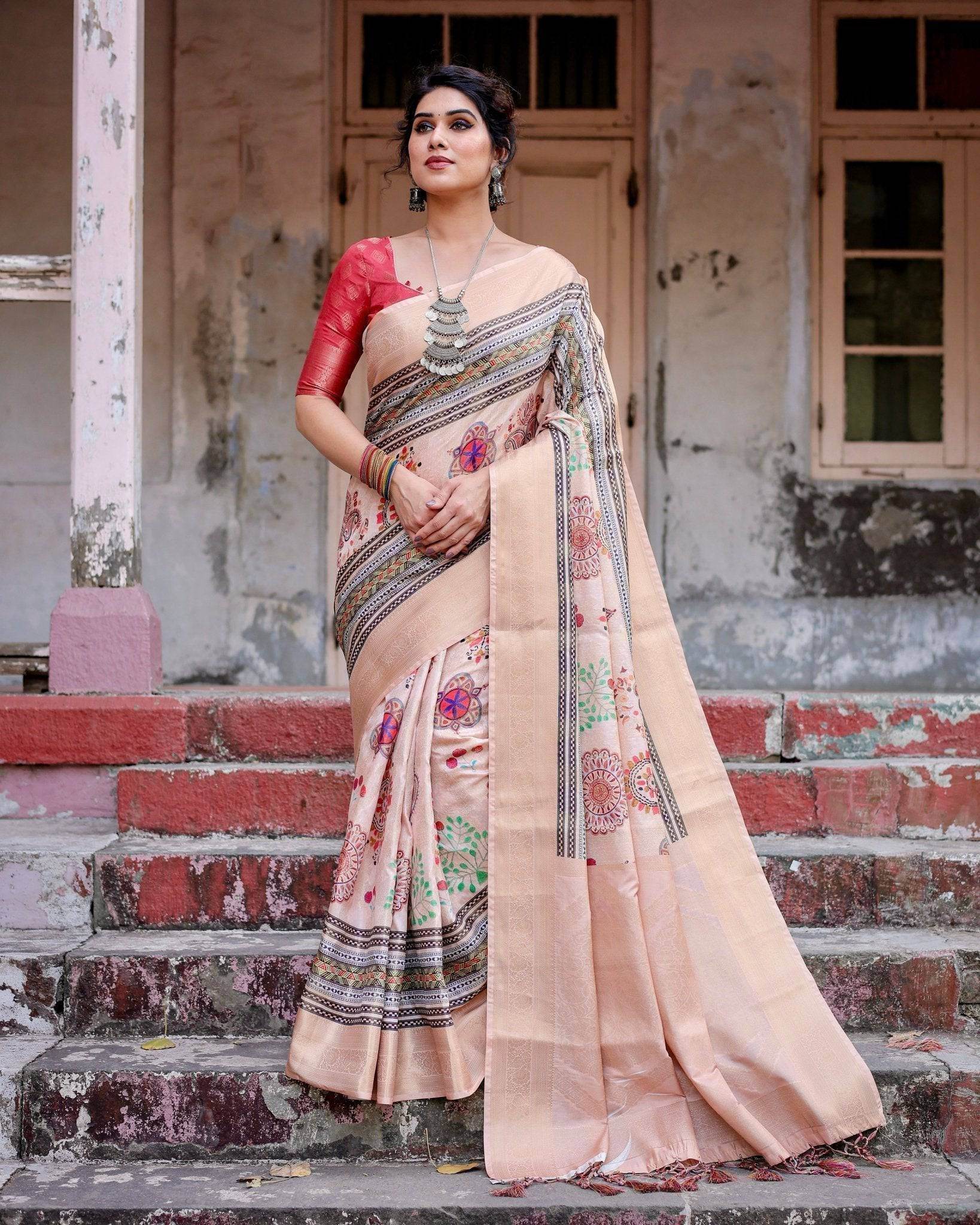 Elegant Peach Banarasi Silk Saree with Multicolor Embroidery and Tassels - SEEANS