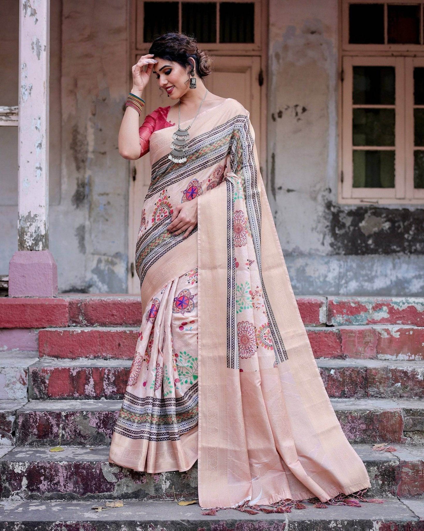 Elegant Peach Banarasi Silk Saree with Multicolor Embroidery and Tassels - SEEANS