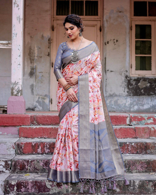 Graceful Grey Banarasi Silk Saree with Floral Elegance and Zari Accents - SEEANS