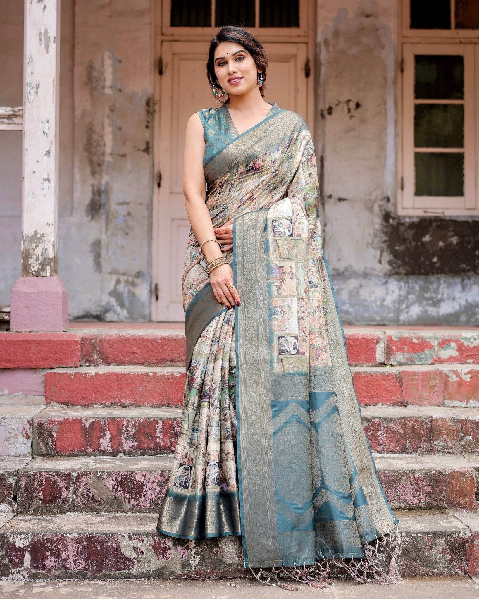 Graceful Teal Banarasi Silk Saree with Digital Vintage Prints and Zari Weaving - SEEANS